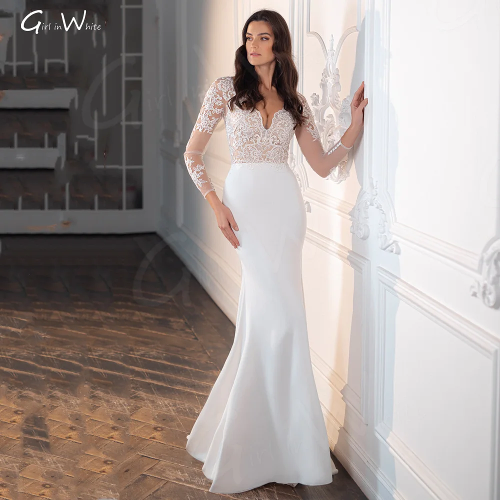 

New Chic Sweetheart Satin Mermaid Lace Wedding Dress Long Sleeve Sweep Train Bride Robes Bride to Be Vestido De Novia