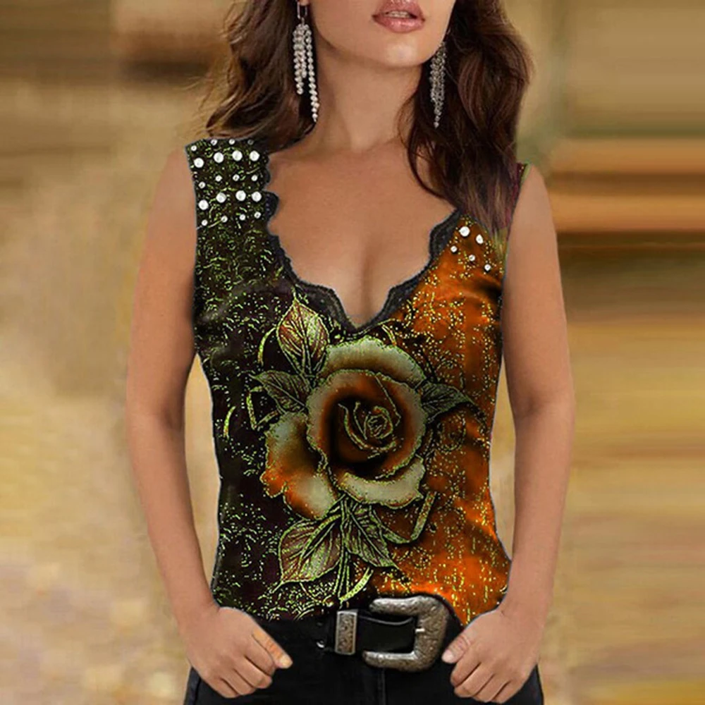 

VICABO Women Tops Sleeveless Casual Slim Fit V Neck With Lace Patchwork Woman T-shirt Rose Shirt For Women