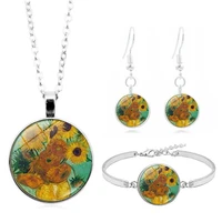 van gogh sunflower oil painting cabochon glass pendant necklace bracelet earrings jewelry set totally 4pcs for womens fashion