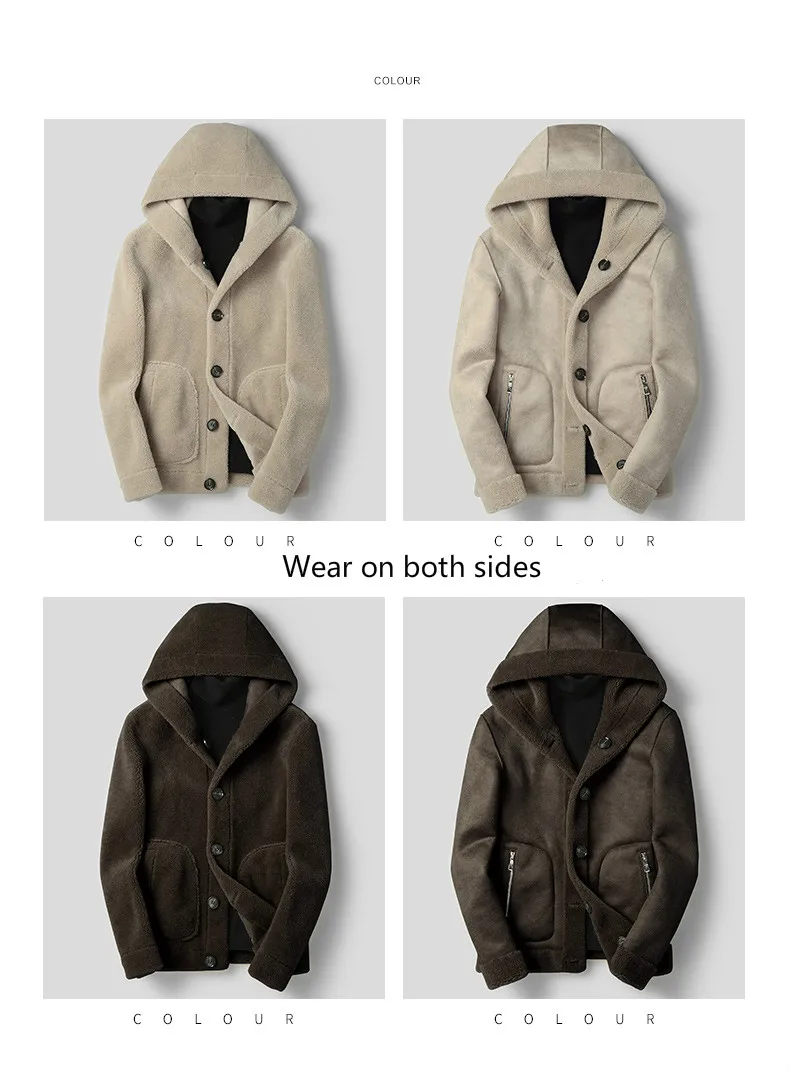 

Mens New Hooded Sheep Shearing Leather Jacket Male Short Winter Real Particles Lamb Fur Coat Wearable on both sides
