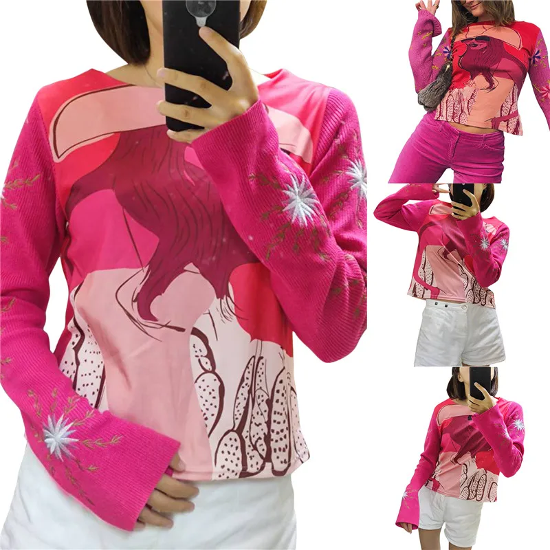 

Autumn Women Portrait Print O-neck Crop Tops Fashion Y2k Splicing Knit Long Sleeves Sweater Casual Loose Tee Tops Streetwear