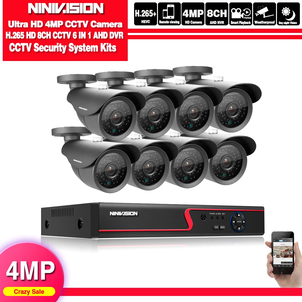 NINIVISION 8CH AHD 5MP DVR система 8pcs 4.0MP Bullet indoor outdoor Warterproof ночное видение IR CCTV камера с IR-Cut |