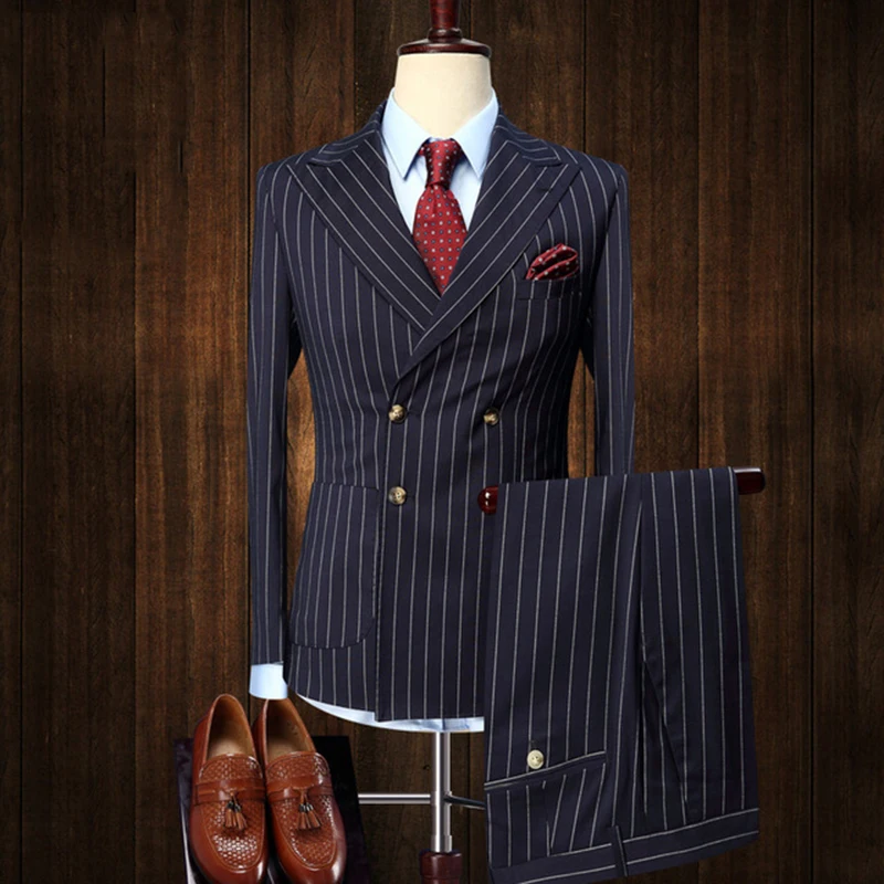 

Mens Suits 2 Pieces Vintage Double Breasted Suit Navy Blue Stripe Terno Slim Fit Large Lapels Wedding Groom Tuxedo Tailcoat Men