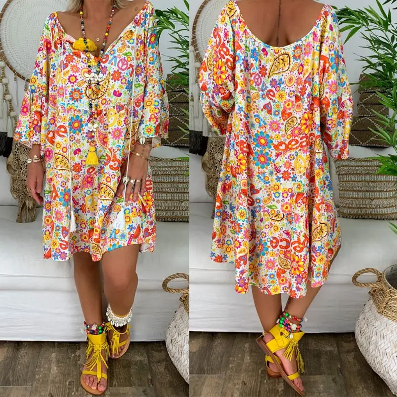 Helisopus Summer Plus Size Women Boho Floral Print Dress Casual Loose Deep V Neck Holiday Beach Shirt Dress Vestido