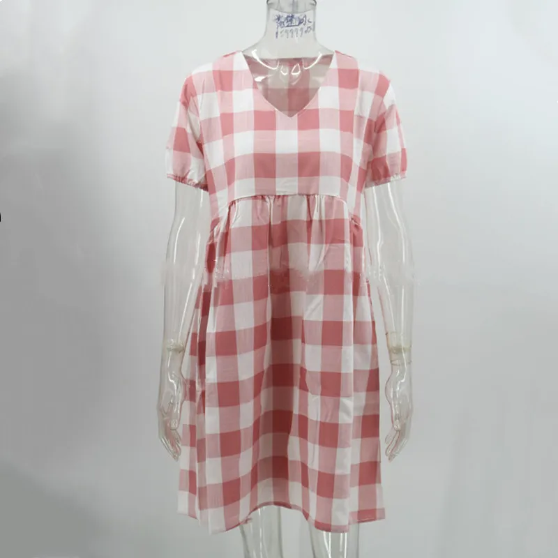 

2021 Summer New V-Neck Loose Plaid Printing Short-Sleeved Dress Women Casual Cotton Linen A-Line Mini Dress Femme Robe Vestidos