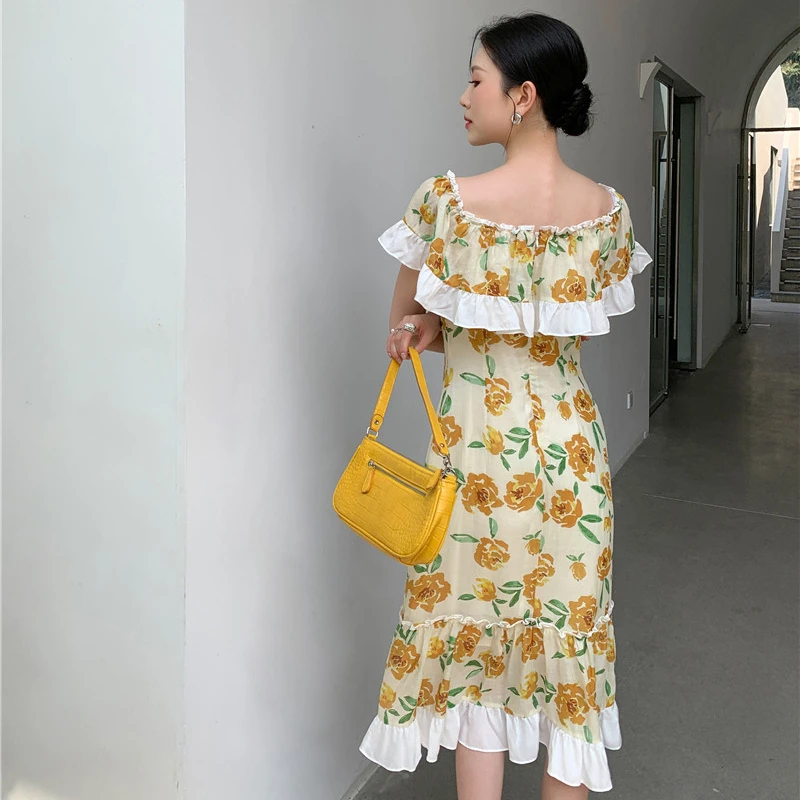 

Kimotimo Women Dress 2021 Summer New Design Slim Vintage Elegant Floral Ruffles Off The Shoulder Slash Neck Long Mermaid Dress