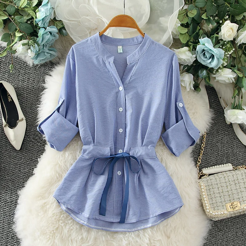 Женские полосатые рубашки весна осень простые с длинными рукавами на шнуровке