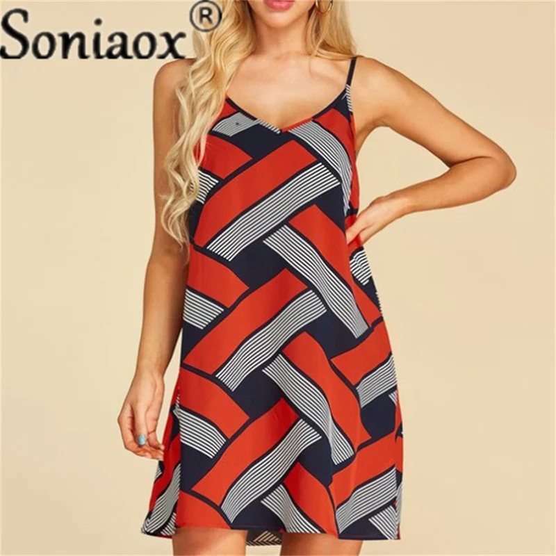 Купи Fashion Striped Geometric Print Women's Dress O Neck Sleeveless Pattern Print A-Line Dress Women Temperament Commute Dresses за 407 рублей в магазине AliExpress