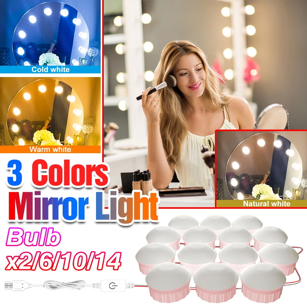 

3 Modes Colors LED Dressing Table Light Bulb Hollywood Dimmable Cosmetic Fill Lamp USB Makeup Mirror Vanity Light 2/6/10/14PCS