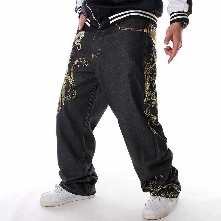 Black Plus Fat Plus Size Embroidered Trousers Hip-hop Casual Loose Skateboard Pants Men Fashion Trendy Hip Hop Jeans