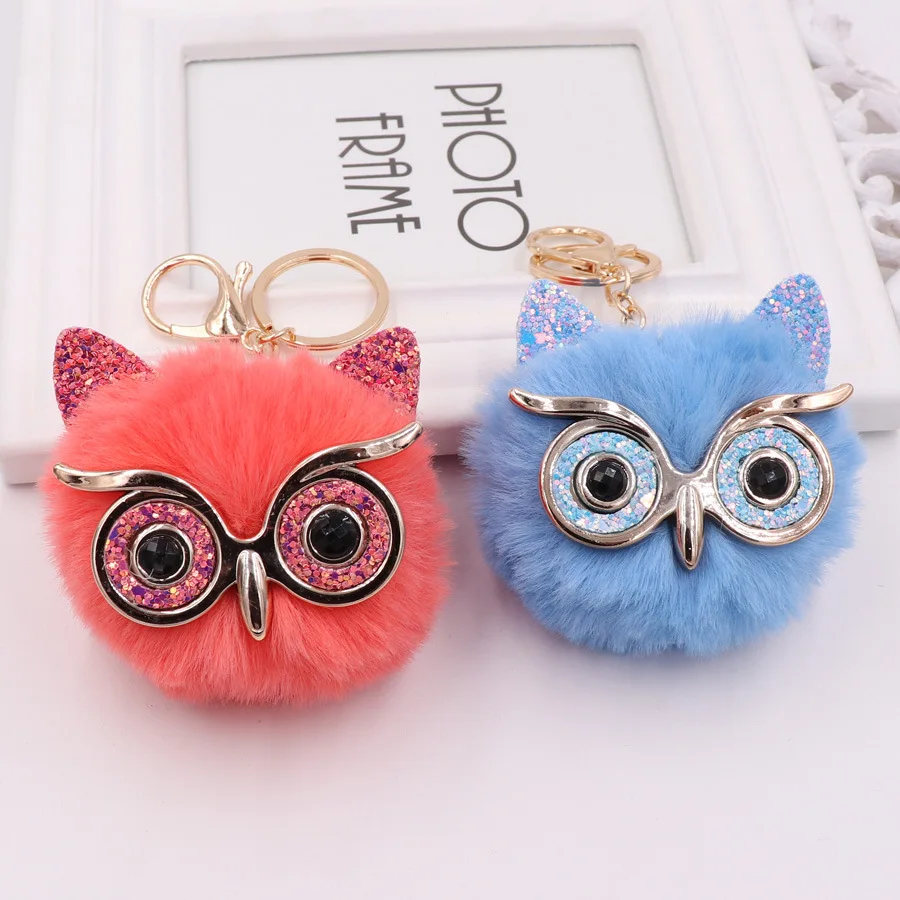 1PCS Cute Fashion Women Handicraft Gold Dust Owl Fur Cony Hair Ball Pom Pom Charm Car Keychain Handbag Key Ring Pendant