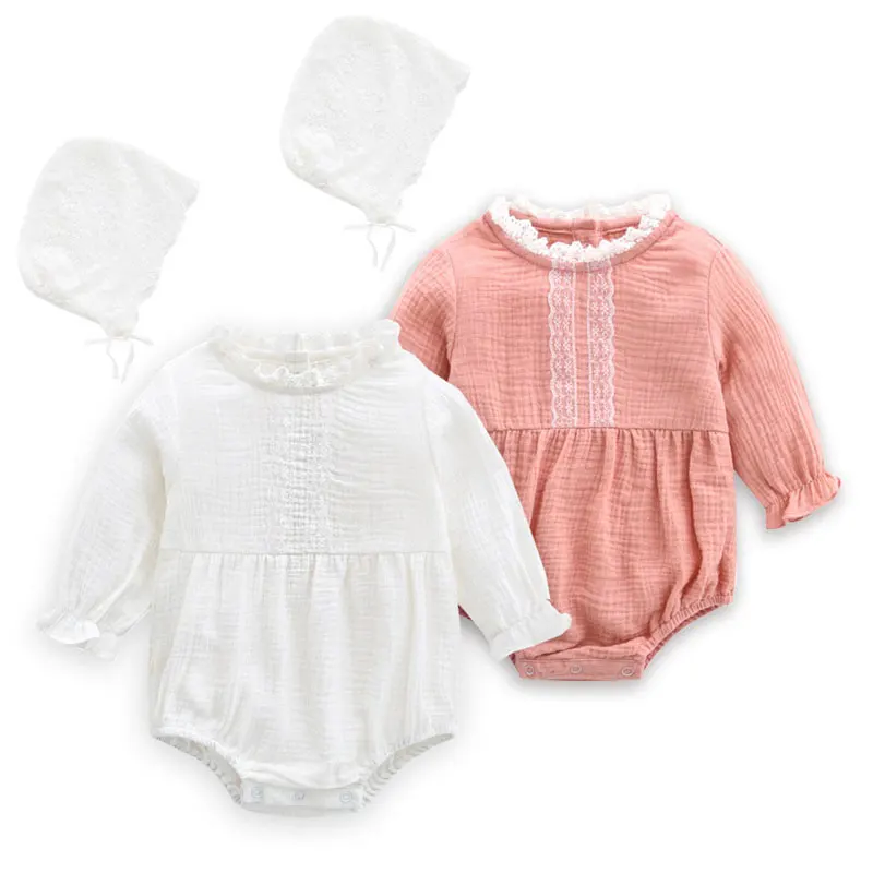 

Cute Newborn Baby Girls Autumn Rompers Cotton Long Sleeve Lace Hat Jumpsuits Clothes for 0-2 Years Girls