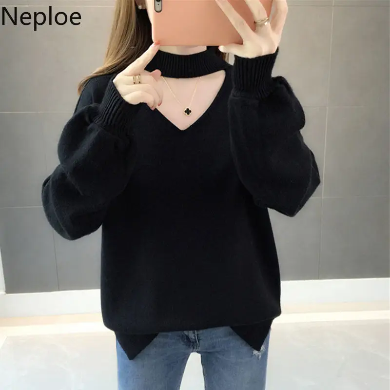 Женский плотный пуловер с длинным рукавом и фонариком свободный трикотажный