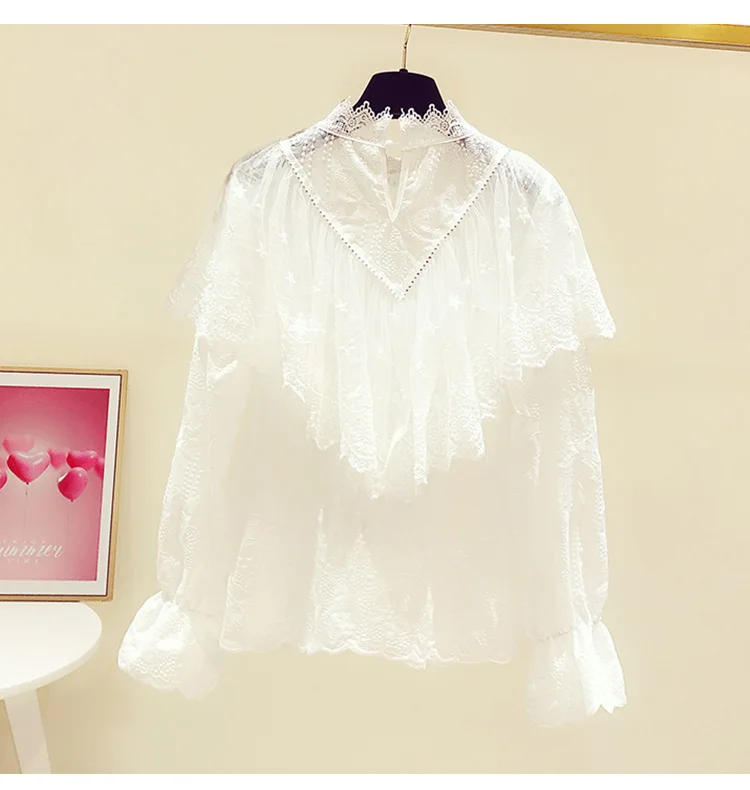 

Crochet Ruffled Lace Shirt Women's 2021 Spring New Western Style White Blouse Stand Collar Flared Sleeves Shirt Top Blusas Mujer