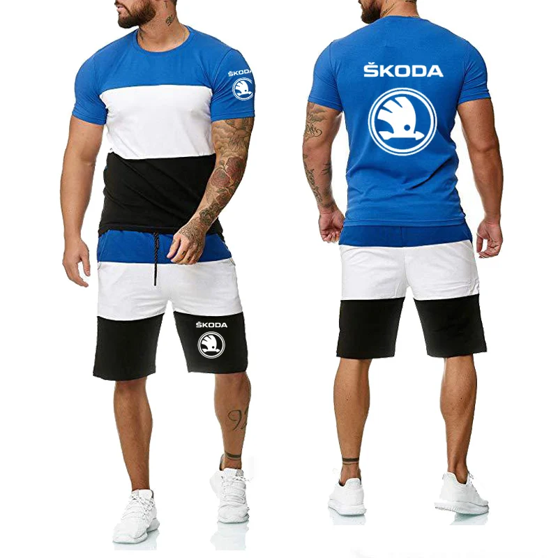 

Summer Men's T-shirt Skoda Car Logo Printed Fashion Casual Splice Crew neck Men's short sleeve + shorts 2-piece set