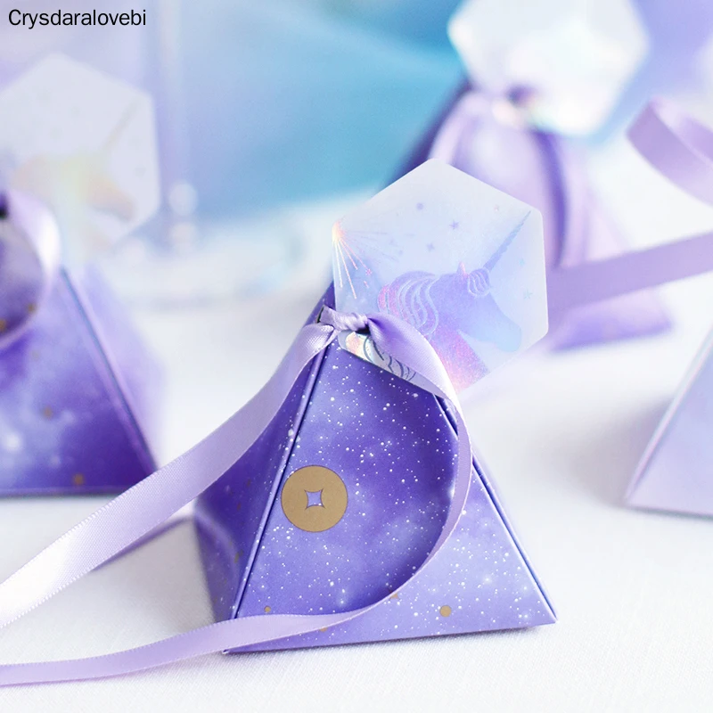 

50pcs Purple Fantasy Stars Candy box Unicorn Pyramid gift boxes wedding favors and gifts happy birthday baby shower girl boy