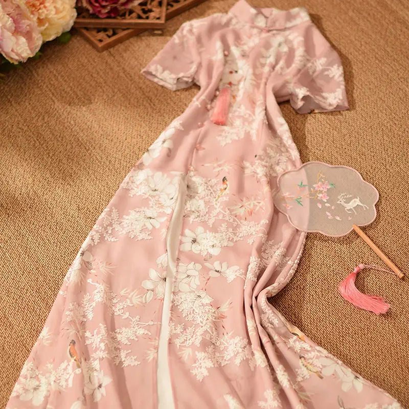 

4XL Women's Summer New Chinese Style Hanfu Covering Belly Slimming Cheongsam Printed Embroidered Disc Button Dress