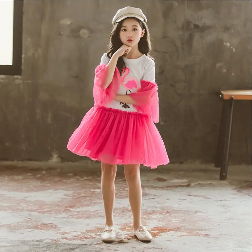 

Girls Bead crane dress summer new mesh patchwork dress teenage cotton dress children half sleeve dress 6-16Y ws1574