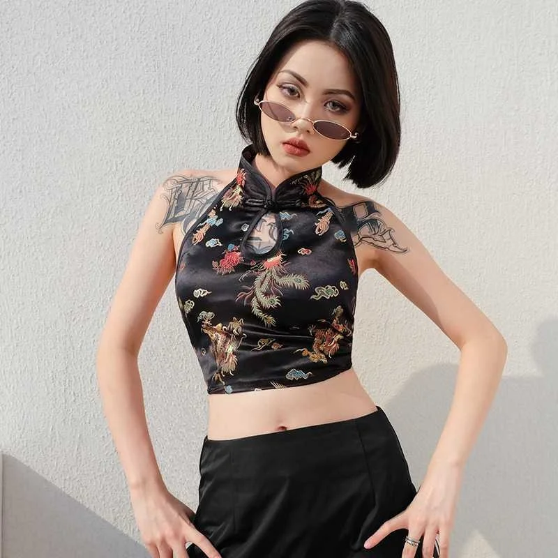 

Chinese style European and American sexy top, slim body, belly pocket, embroidered navel strap vest, female [end on April 30]