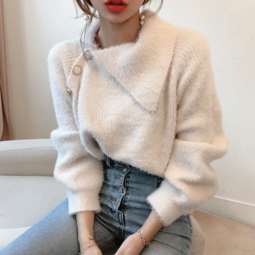 

Pearls Button Irregular Neck Knitted Sweater Mink Cashmere Jumper Loose Casual Pullovers Vintage French Office Lady Outwear New