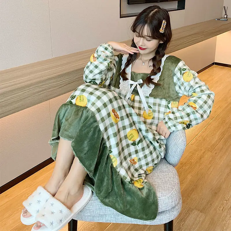 

Autumn Winter Long Sleeve Pajamas nightwear Thick Warm Nightgowns Women Flannel Sleepwear Night Dress Nightdress Home Clothes F