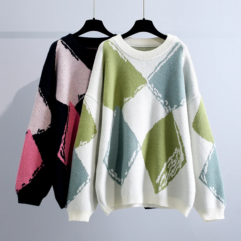 

Loose Vintage Plaid Long Sweater Women Casual Korean Style Streetwear V Neck Chic Pullover Female Kintting Tops