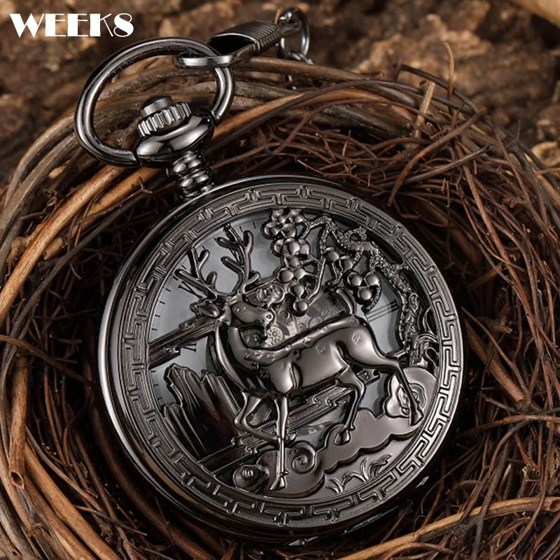 

Механические карманные часы с животным оленем, мужские антикварные винтажные часы-скелетоны в стиле стимпанк, роскошные черные часы с грав...