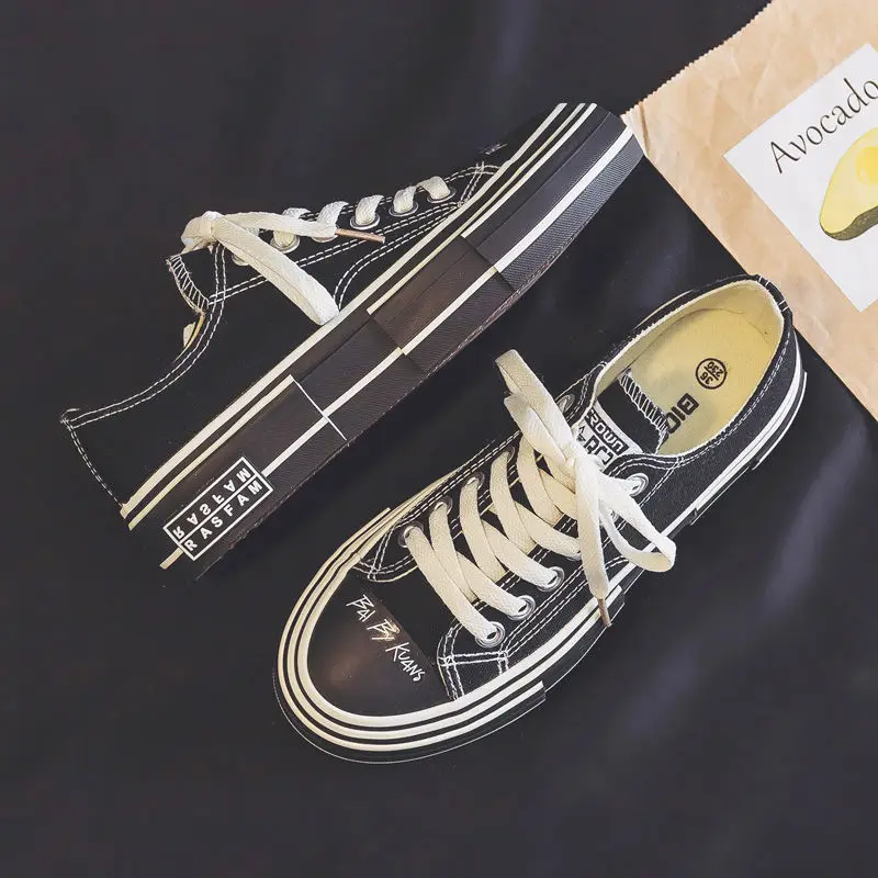 

Autumn New Black Canvas Shoes Women's Casual Trendy Shoes Low-Top Flat Student Sneakers Irregular Stylish Shoe