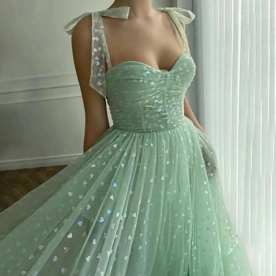 

New Mint Green Dots Stars Tulle A Line Prom Dresses Pockets Bow Ties Up Straps Tea Length Formal Party Gowns Vestidos De Fiesta