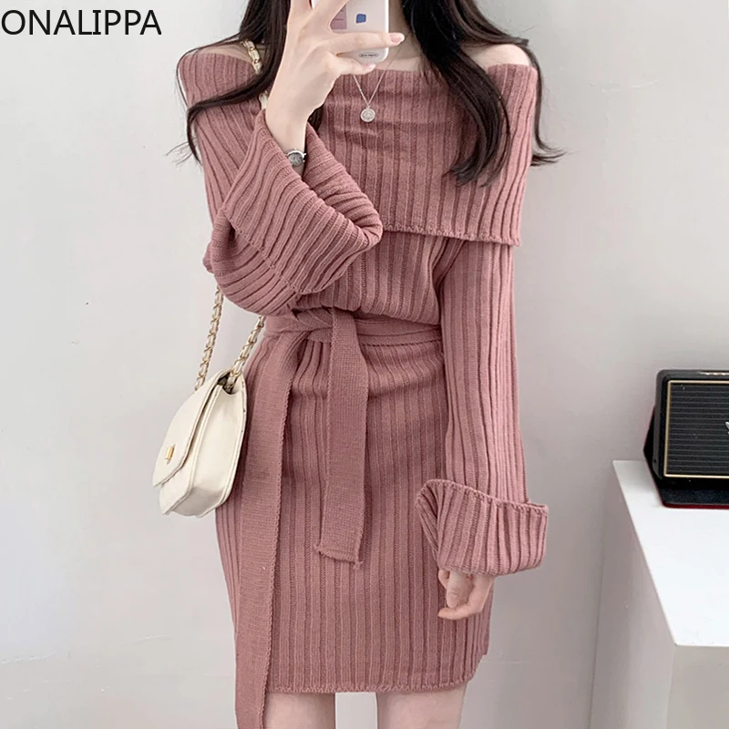 Onalippa 2021 Autumn Women Temperament Retro French One-Neck Off-Shoulder Pit Strip Lace-Up Waist Slimming Knitted Bag Hip Dress | Женская