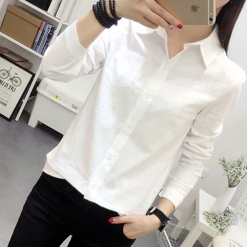 

White Shirt Women Cotton Button Long Sleeve Blouse Spring 2020 Pockets Casual Ladies Tops Females Shirts Woman Korean Clothes