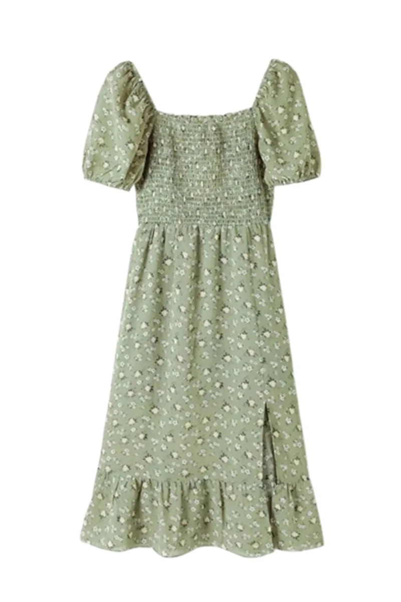 

French Square Neck Floral High Waist Side Split Mid Length Dress with Bubble Sleeve Elastic and Slim Temperament Printed Dress