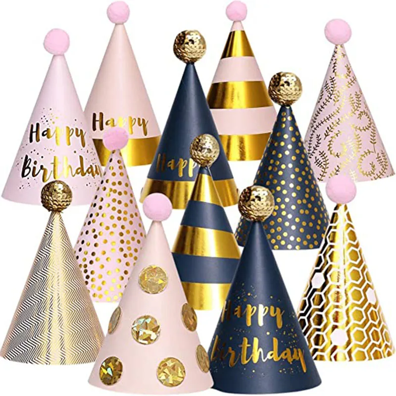 

12 Pieces Black Gold Birthday Party Hats Fun Party Cone Hats Birthday Paper Hats Art Craft Caps Party Supplies for Kids Adults