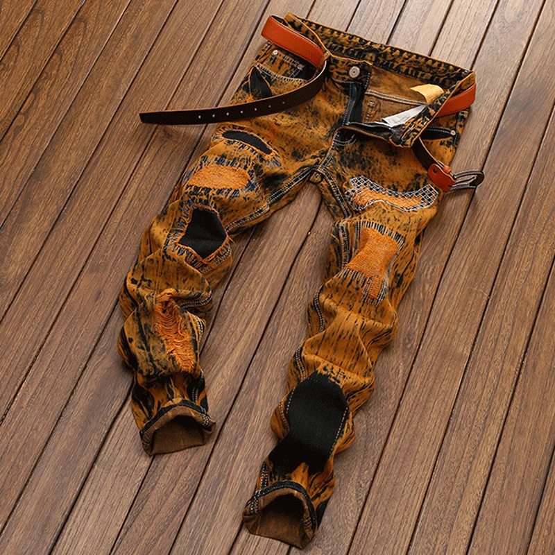 Прямые мужские джинсы Мужские в стиле ретро модные рваные старом стиле|Мужские