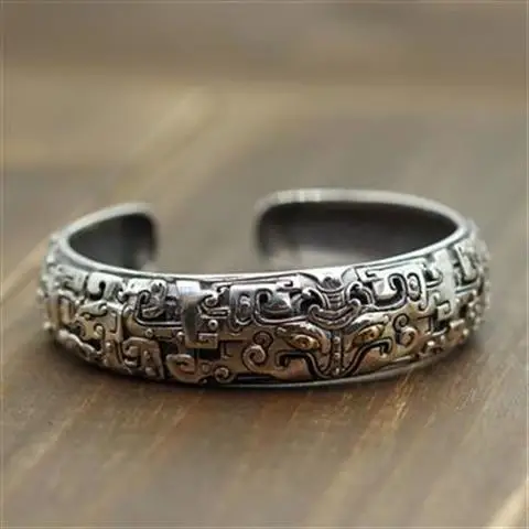 

S925 Sterling Silver Old Animal Gluttonous Open-Ended Bracelet Thai Silver Personality Retro Hipster Men and Women Bracelet