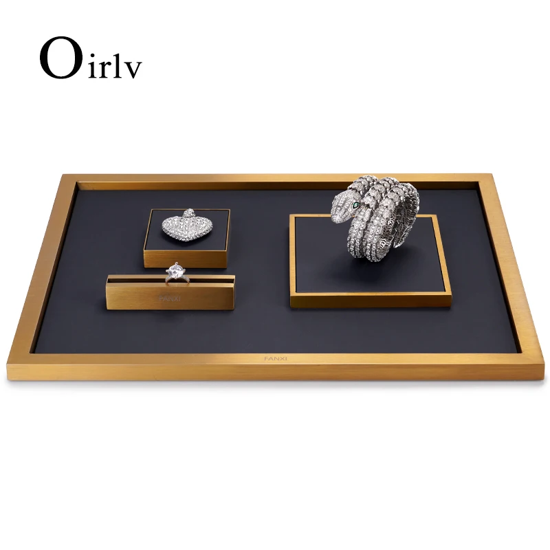 Oirlv Newly Metal Jewelry Display Prop Sets Light Luxury PU Leather Bracelet Ring Earrings Display Rack for Shop Cabinet