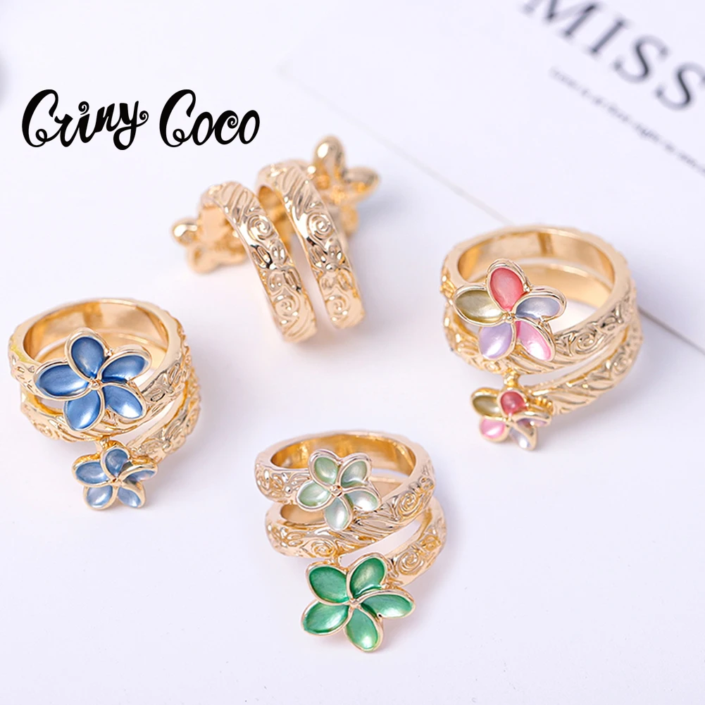 

Hawaiian Colorful Plumeria Ring Fashion Gold Plated Guam Micronesia Kiribati Flower Finger Rings for Women Birthday Holiday