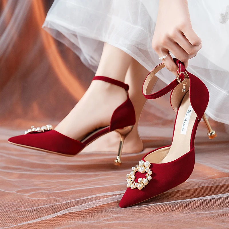 

Туфли-лодочки женские, с острым носком, на высоком каблуке, с жемчугом, элегантные, 2021