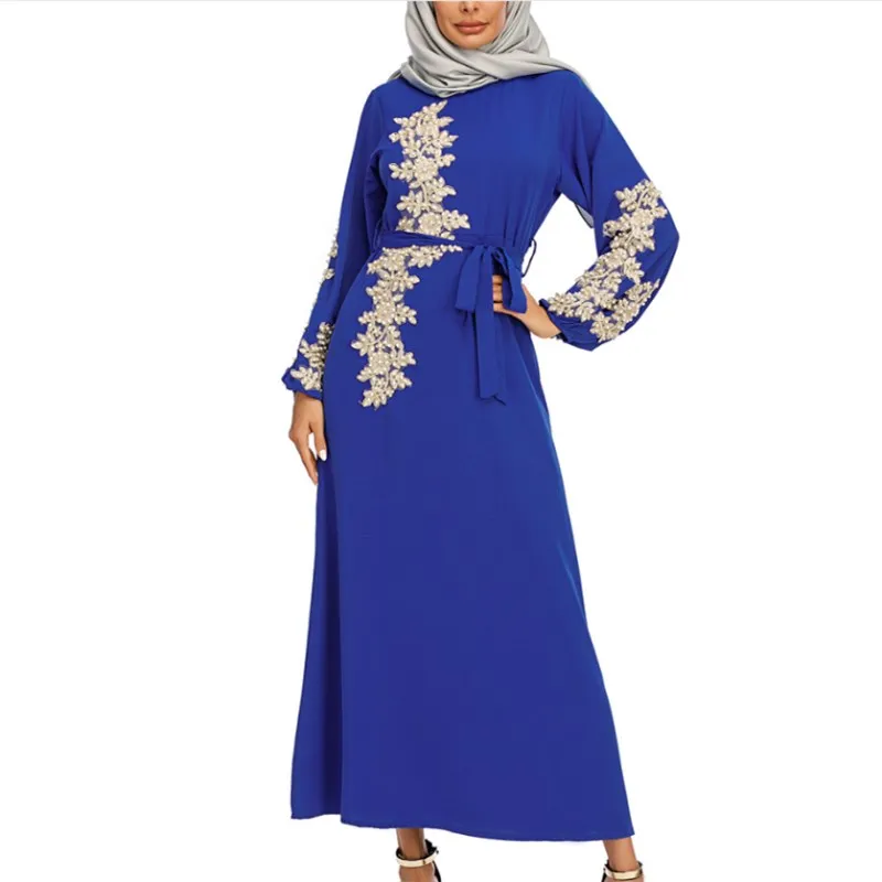 

Muslim New Ethnic Style Women's Robe Elegant And Dignified Embroidery Long Swing Dress Nail Pearl Arab Islam Blue