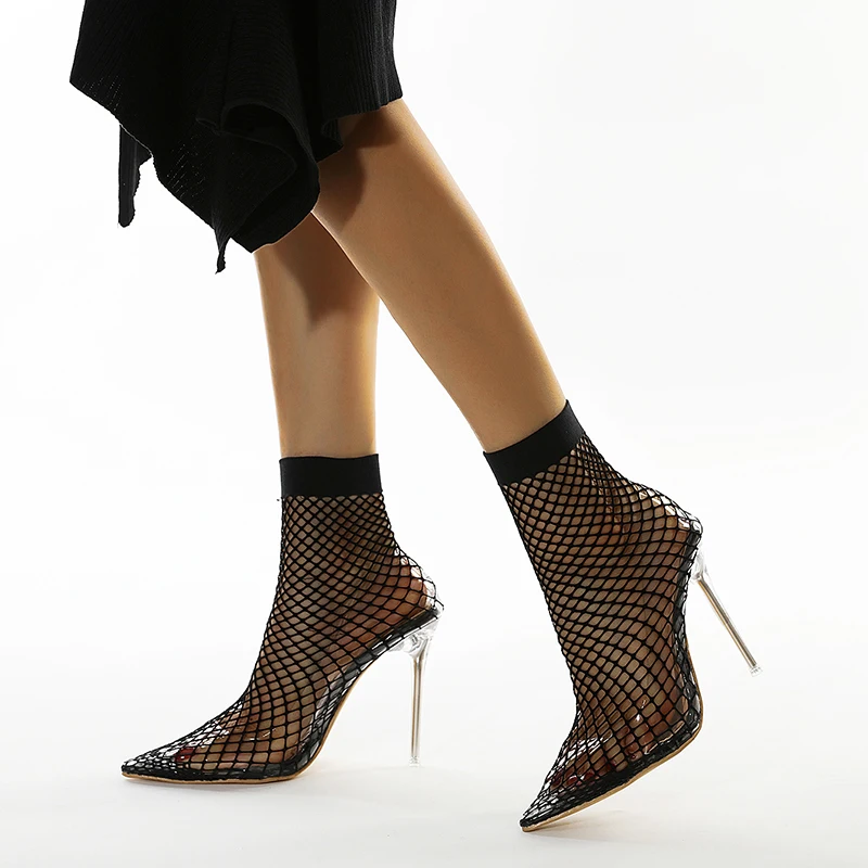 

Summer Sexy Plus Size 35-42 Pointed Toe Mesh Transparent Women Pumps Stiletto Slim Lace Clear High Heels Stretch Fabric Boots