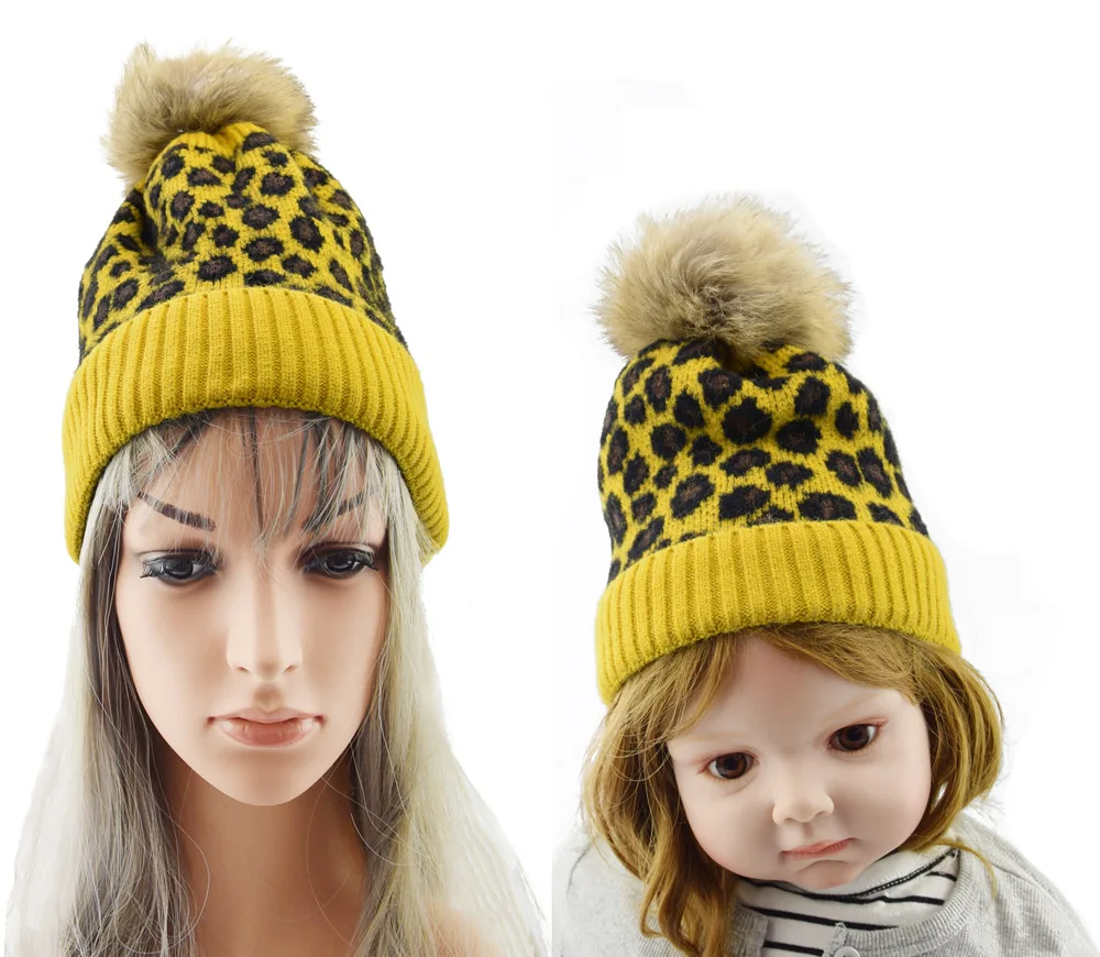 

Baby Ball Top Leopard Print Hat Warm Knitted Kids Girl Boy Autumn Winter Bonnet Hat Solid Color parent-child Children Beanie Cap