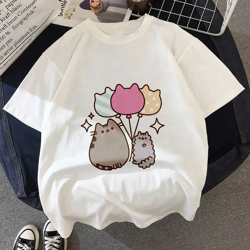 Kawaii, футболка с толстым котом, женская, новинка, летняя, милая, модная, короткий рукав, футболка, белая, тонкая, с секциями, хипстер, футболка, Топы, одежда