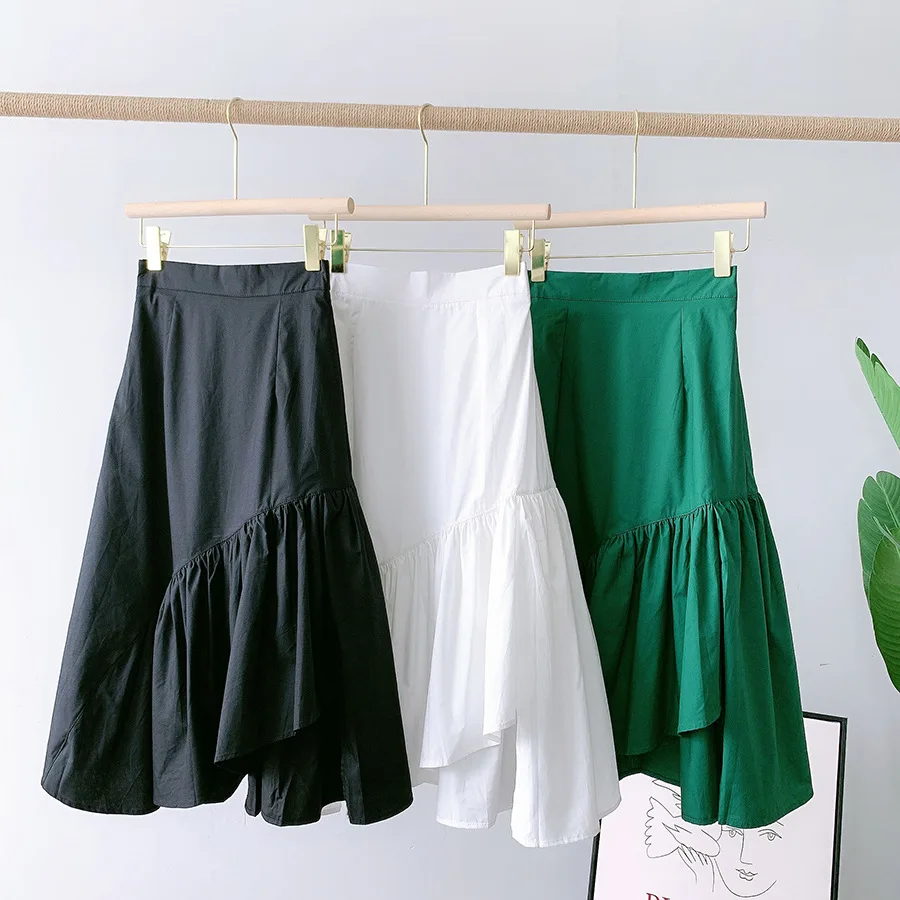 

GTGYFF Summer Asymmetrical Midi Skirts For Womens Vintage Elastic High Waist Ruffle Solid Woman Skirt Green White Black Saias
