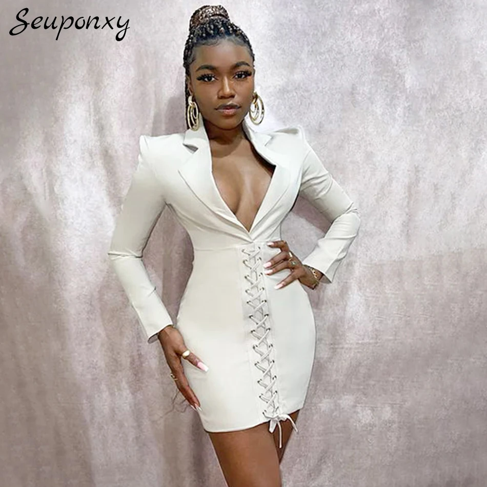 

High Quality Women's Bodycon Elegant Bandage Dress Sexy V-neck Long Sleeve 2021 Summer Lace-Up Celebrity Party Dress Vestidos