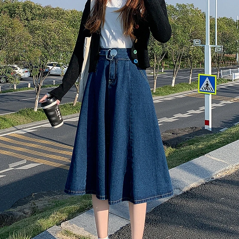

New Female Summer High Waist Solid Denim Skirts 2021 Fashion Split Mid-length A-line Spring Autumn Women Denim Jeans Skirts