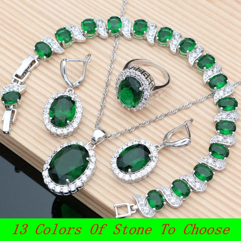 

Green Emerald Jewelry Sets 925 Sterling Silver Earrings Rings Set Accessories Wdding Necklace Set Dropshipping
