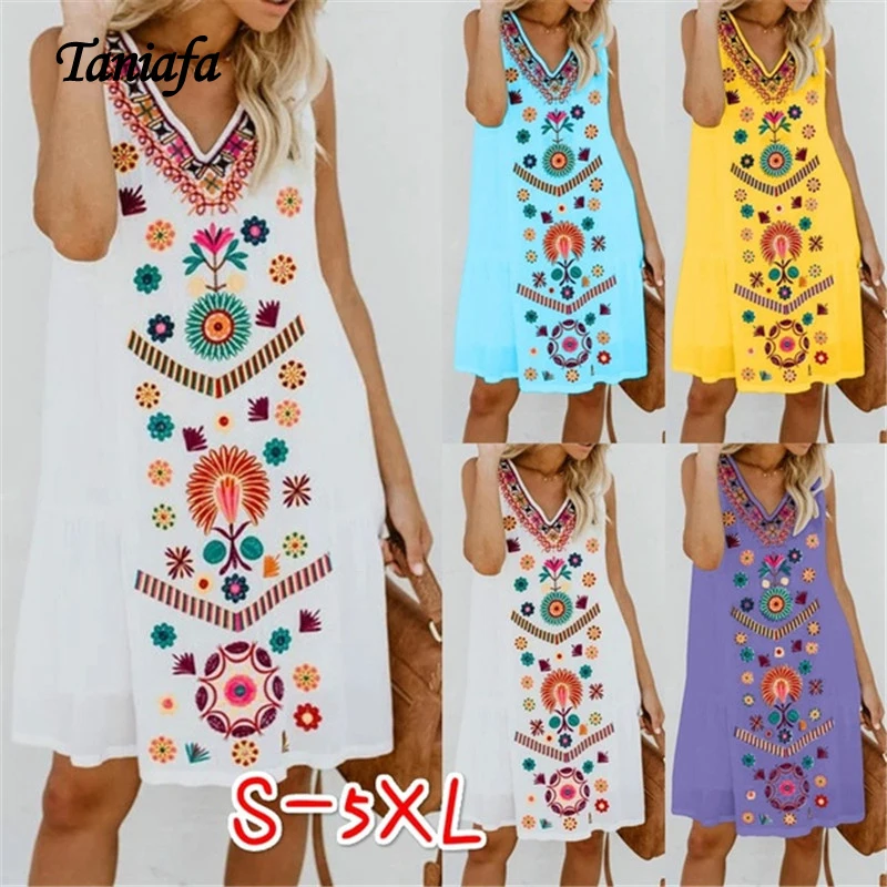 Женское пляжное платье без рукавов Taniafa повседневное винтажное богемное с v