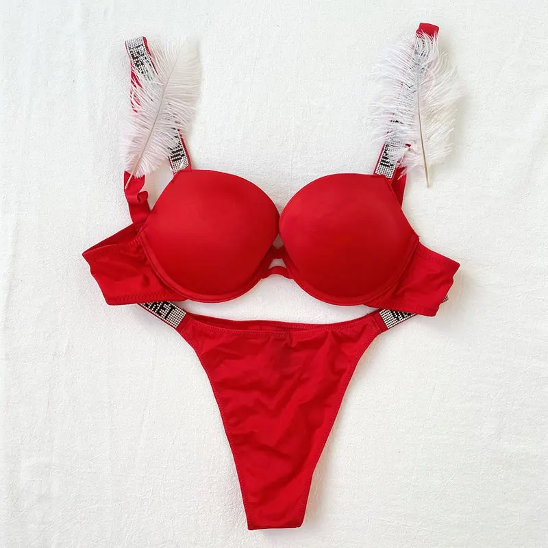 

2 Piece Bikinis Set Sexy Letter Bras Rhinestone Underwear Women Sets Brand Push Up Pink Plus Size Bra Comfort Panty Lingerie Set