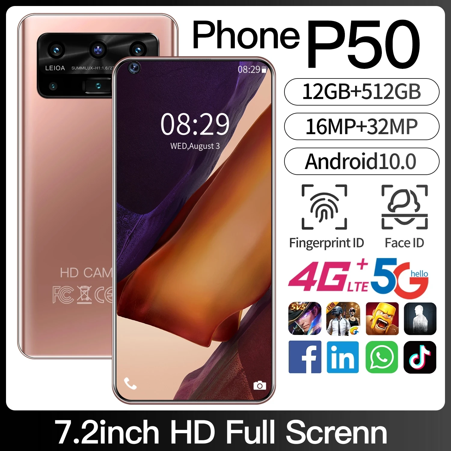 

Global Hot Sale P50 Pro MTK 6899, 7.2 Inch HD Full Screen 12GB + 512GB Dual Card Dual Dual Standby Android OS 11 Mobile Phone Sy