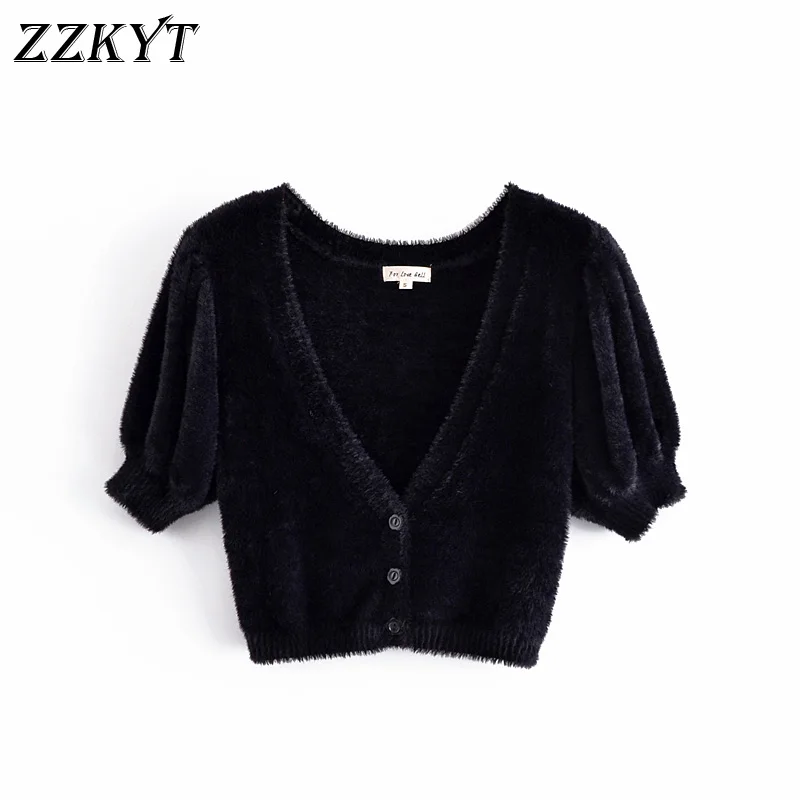 

ZZKYT 2021 Women Summer Fashion Solid Cropped Cardigan Sweater Vintage V-Neck Short Sleeve Single Breasted Female Outwear Tops